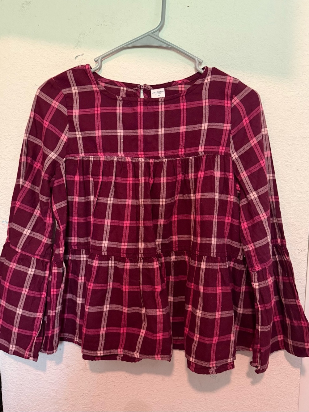 Girls Burgundy Pink Plaid Tiered Long-Sleeve Top